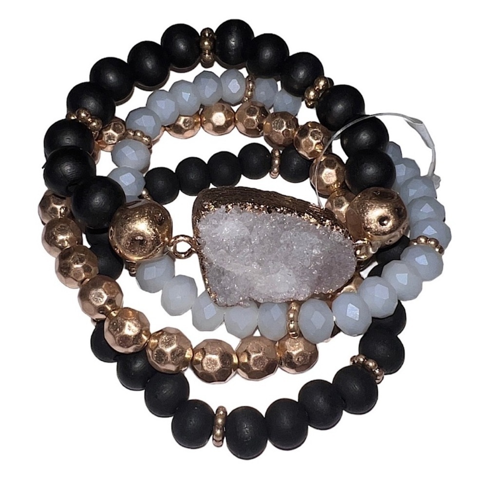 Four Strand Gold, Black, Grey Beaded/Raw Quartz Stretchy Bracelet Set